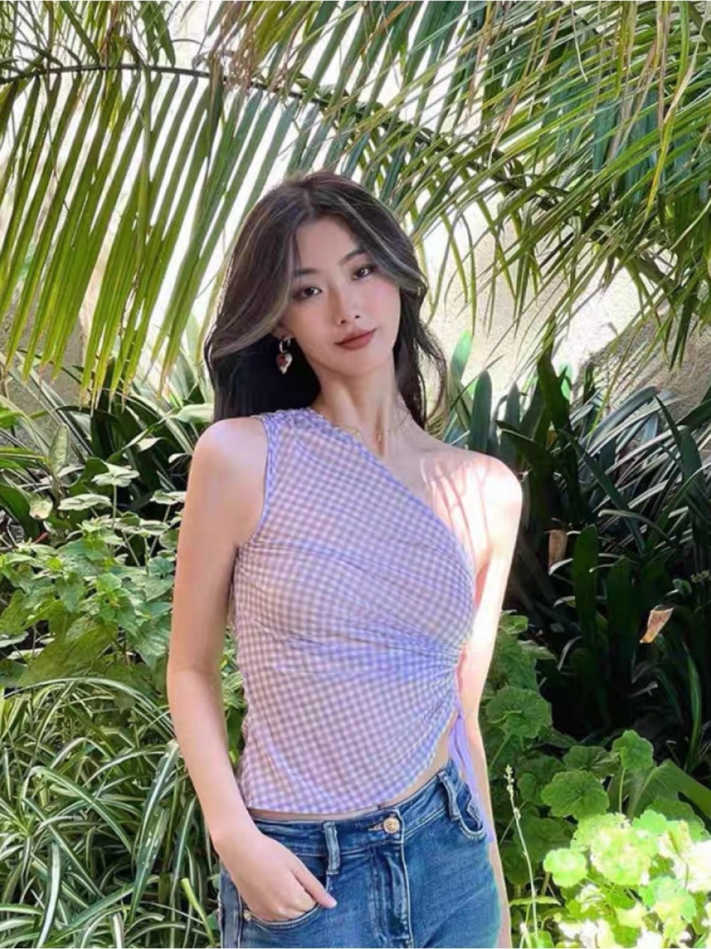 Lavender Gingham One-Shoulder Tank